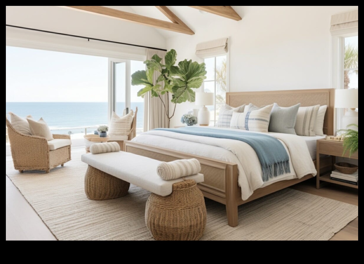 Rahatlatıcı bir plaj tatili için kıyı yatak odası dekoru